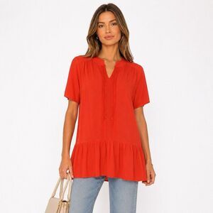 THML Summer Orange Blouse Pintuck Peplum Top Size M Mandarin Collar Flowy Gauzy